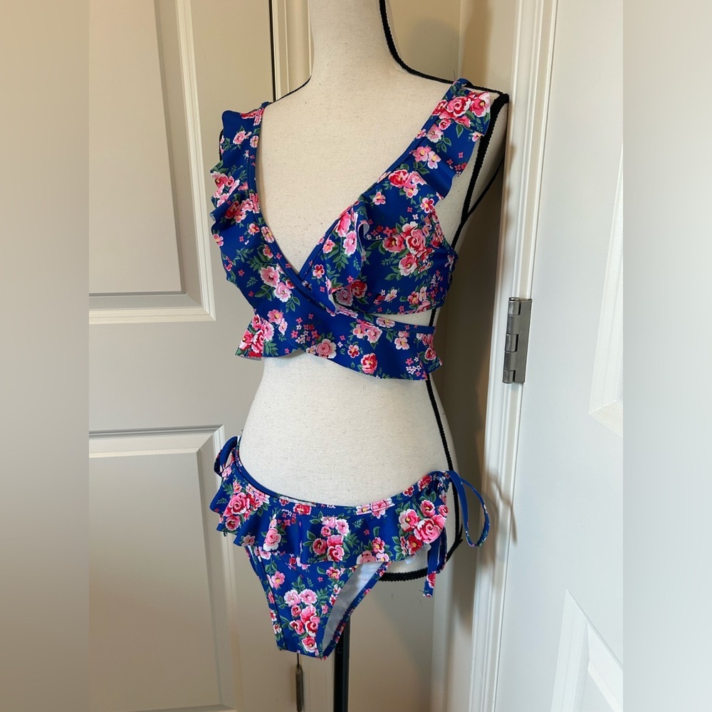 Floral Blue Ruffle Bikini Set